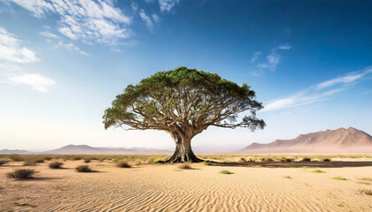 Minimalism. A lone giant tree in a vast, empty desert landscape. - obrazy, fototapety, plakaty