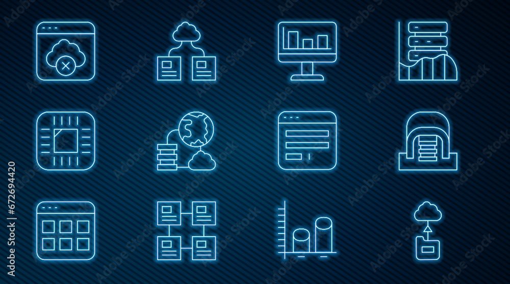 Poster set line cloud technology data transfer, hangar with servers, monitor graph chart, network cloud con