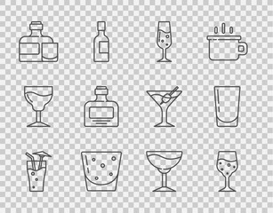 Set line Cocktail, Glass of champagne, rum, Whiskey bottle and glass, Wine and with water icon. Vector