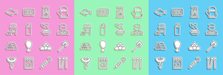 Set line Matches, Burning match with fire, Cook, Barbecue coal bag, Lighter, grill, Fish and Homemade pie icon. Vector