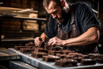 The hands of a master make a delicious chocolate dessert in a kitchen workshop.