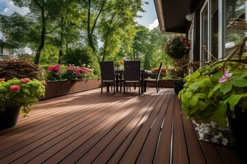 A beautiful outdoor patio with stylish wooden composite deck boards. Generative AI