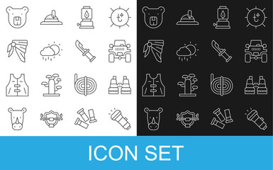 Set line Flashlight, Binoculars, Off road car, Camping lantern, Cloud with rain, Bandana or biker scarf, Bear head and Hunter knife icon. Vector