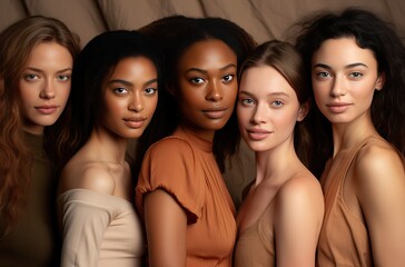 Obraz premium young women of different ethnicity posing all together smiling looking at the camera