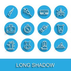 Set line African tree, Hippo or Hippopotamus, Hunting gun, Camping lantern, Hunter hat, Compass, Rhinoceros and Walkie talkie icon. Vector