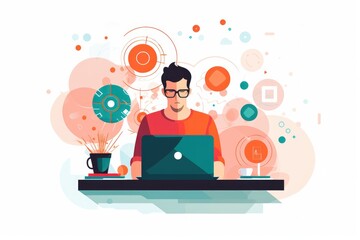 Illustration of man working on a laptop in flat design.