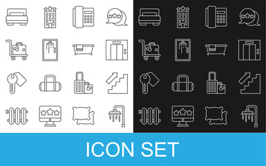 Set line Shower, Stairs up, Lift, Telephone handset, cabin, Suitcase, Hotel room bed and Bathtub icon. Vector