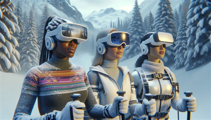 Tres jóvenes con equipo de esquí, ropa de abrigo y gafas de realidad virtual en un paisaje montañoso con árboles - obrazy, fototapety, plakaty
