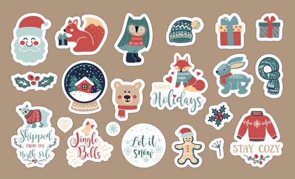 Christmas stickers with forest animals, decorative elements and lettering in scandinavian hand drawn style