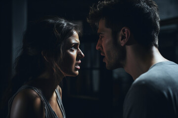 Young Couple Arguing and Fighting, Emotional abuse Scene, Stressed Woman and aggressive Man Screaming at Each other in the Dark Hallway of Apartment, Dramatic Scene