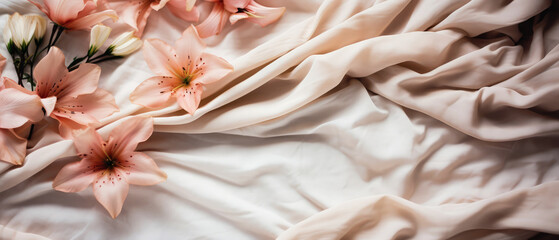Beige silk bed sheet with flowers, roses petals. Valentines  Day.Top view, flat lay. Satin fabric background. Female romantic mockup. Morning relax leisure. Hotels bedroom.Generative ai.