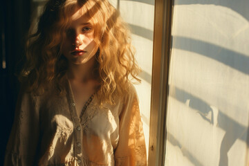 young girl standing beside window with sunlight and shadow