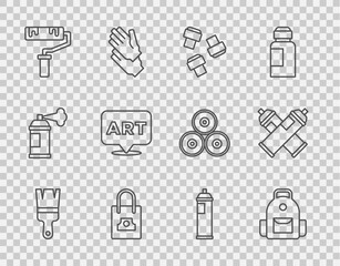 Set line Paint brush, School backpack, Marker pen attachment, Spray can nozzle cap, roller, Speech bubble with text art, spray and icon. Vector