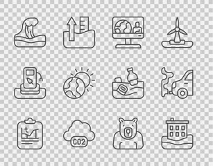 Set line Global warming, House flood, Weather forecast, CO2 emissions cloud, Tsunami, Polar bear head and Car exhaust icon. Vector