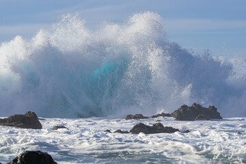 large waves hitting the volcanic rocks with force, on the north coast of Tenerife, Canary islands - obrazy, fototapety, plakaty