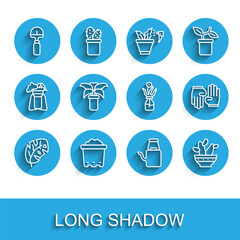 Set line Tropical leaves, Pot with soil, Shovel, Watering can, Cactus peyote pot, Exotic tropical plant, Rubber gloves and Flower glass bottle icon. Vector