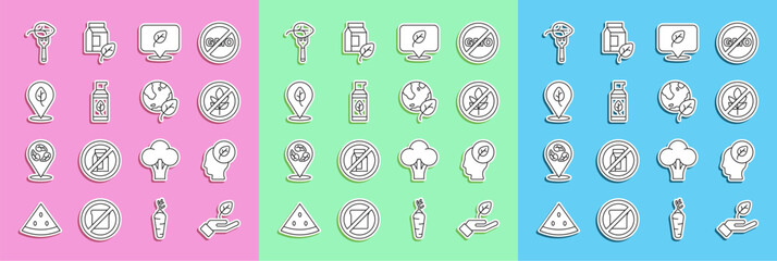 Set line Plant in hand, Human head with leaf inside, Gluten free grain, Vegan food diet, Organic cosmetic, and Earth globe icon. Vector