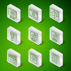 Set line Cinema ticket, AVI file document, Online play video, FLV, Microphone, Play Video, Movie clapper and MP4 icon. Vector