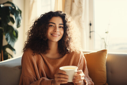 Young happy mixed race woman holding and drinking a cup of coffee at home, One cozy hispanic female smiling and enjoying a cup of tea while relaxing at home