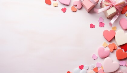 Cute and Colorful Valentine Background with Hearts, Presents, Pretty Flowers, and Abundant Copy Space, Flat Lay, Valentine's Day