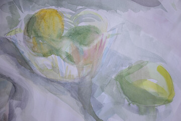 Lemons in exquisite crystal fruit bowl. White tablecloth with folds. Still life watercolor painting with space for text.