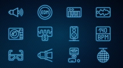 Set line Disco ball, Bitrate, Music synthesizer, wave equalizer, Vinyl player with vinyl disk, Speaker volume, Stereo speaker and EDM electronic dance music icon. Vector