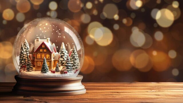 4K looped animated video. Glass transparent Christmas ball with fir tree, house, snow on wooden table. Flickering golden bokeh lights. Concept of new year, family, comfort. Copyspace. Generative AI