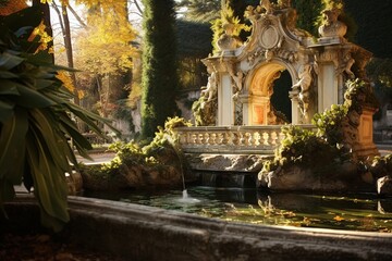 gardens with buildings, fountains and ponds. 