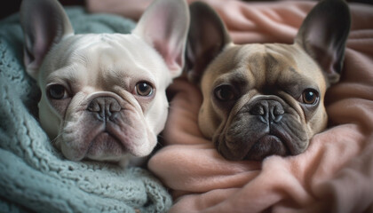 Fototapeta premium A pampered French bulldog and English bulldog pair sleeping together generated by AI