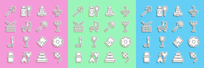 Set line Kite, Soccer football ball, Rake toy, Rocket ship, Roller skate, Drum with drum sticks, Magic wand and Rattle baby icon. Vector