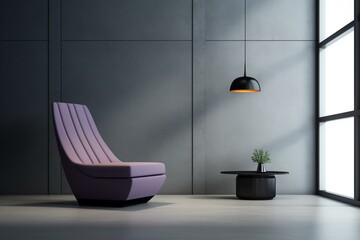 Contemporary urban lounge displaying sleek vertical design, with a blank gray wall, a stylish purple seat, and a dark console. Generative AI