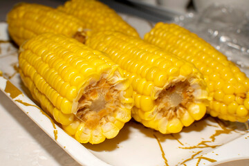Closeup view of a boiled corn on the cob
