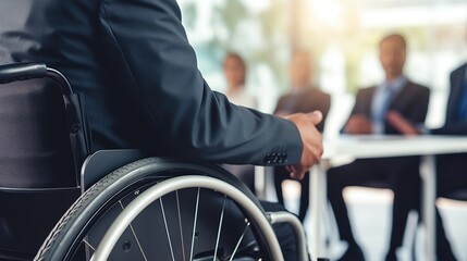 Fototapeta premium Disabled businessman in a wheelchair at work in office, having meeting with colleague. Inclusion concept of working.