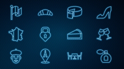 Set line Perfume, Wine glass, Cheese, Castle the shape of heart, Map France, Flag, Cherry cheesecake slice and Croissant icon. Vector