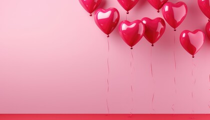 Pink background with red hearts balloons  with copy space for text 