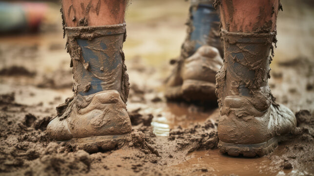 Dirty shoes playing in the mud, full of clay and mud on the child's shoes