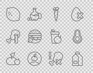 Set line Apple, Paper package for milk, Carrot, Lemon, Vegan food diet, No chicken leg and Avocado fruit icon. Vector