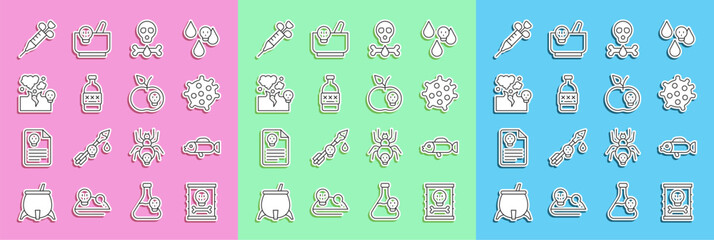 Set line Radioactive waste in barrel, Puffer fish, Bacteria, Bones and skull, Poisoned alcohol, Poisonous cloud of gas or smoke, Syringe and apple icon. Vector