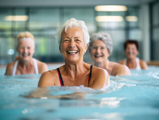Fototapeta premium Happy elderly woman in swimming pool smiling and having fun