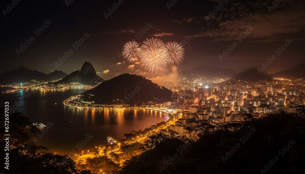 Wall mural Firework display illuminates famous city skyline at night celebration generated by AI