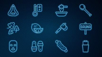 Set line Sauna bucket, Honey dipper stick with bowl, Lemon, Oak leaf, hat, Wooden axe and thermometer icon. Vector