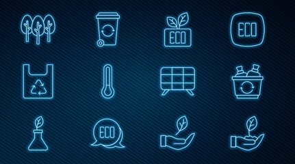Set line Plant in hand, Recycle bin, Leaf Eco symbol, Thermometer, Shopping bag with recycle, Tree, Solar energy panel and icon. Vector