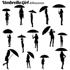 Vector collection of umbrella girl silhouettes - obrazy, fototapety, plakaty