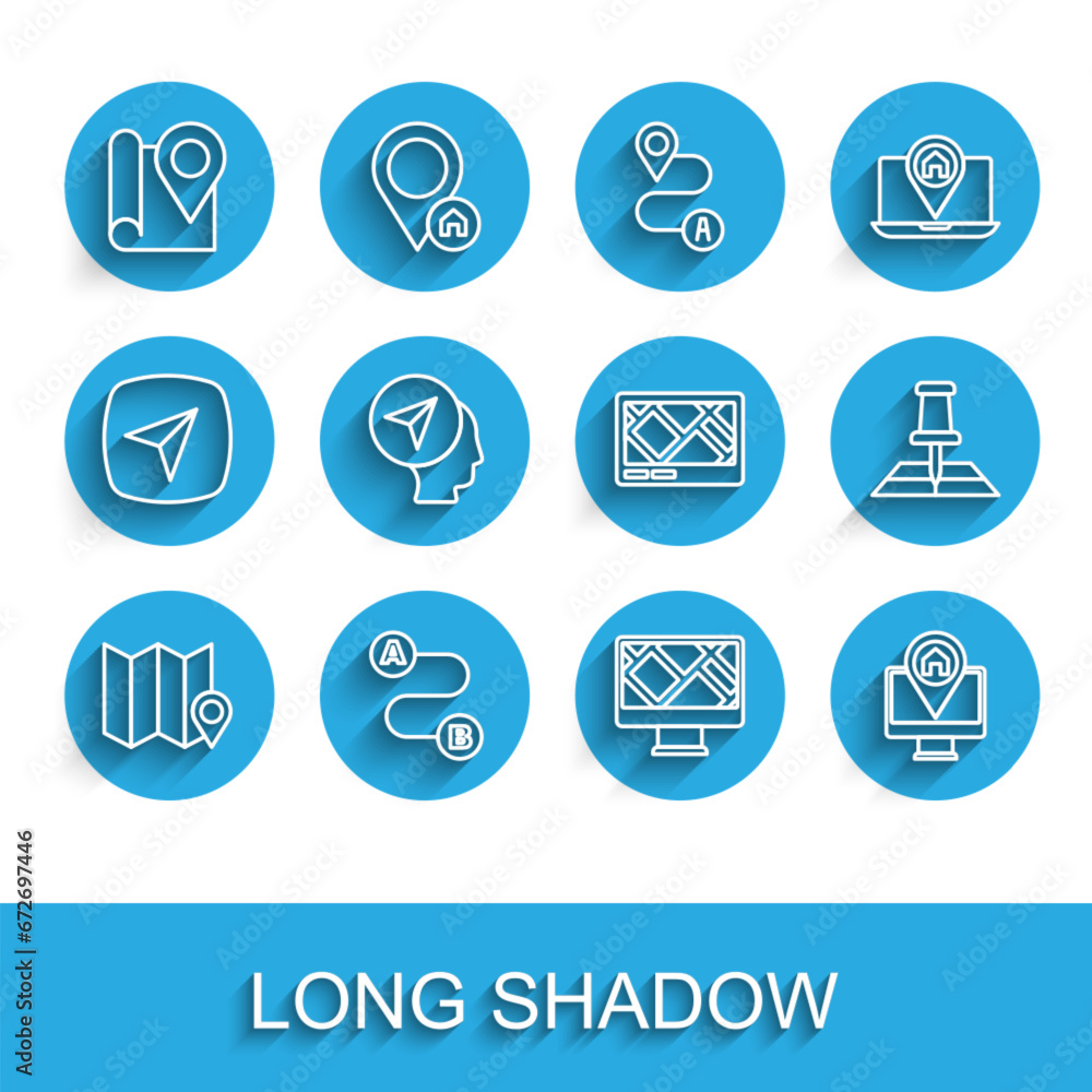 Poster set line folded map with location marker, route, monitor, map human, and gps device icon. vector