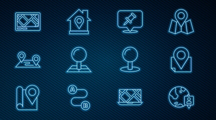 Set line Location on the globe, Folded map with location marker, Push pin, Route, Gps device, and house icon. Vector