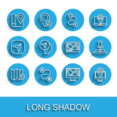 Set line Folded map with location marker, Route, Monitor, Map human, and Gps device icon. Vector