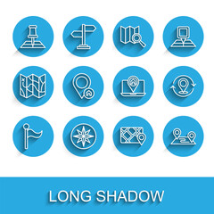 Set line Flag, Wind rose, Folded map with location marker, Gps device, Route, Location house, Map pin and City navigation icon. Vector