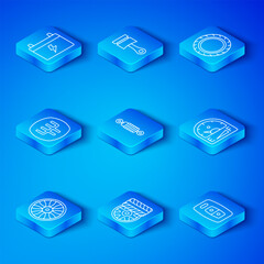 Fototapeta premium Set line Alloy wheel for car, Shock absorber, Car tire, Motor gas gauge, Gear shifter, battery and key with remote icon. Vector