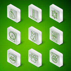 Set line Pet award symbol, Paw print, Dog collar with bone, Hamster wheel, Cat scratching post toy, Animal health insurance and Bag of food for pet icon. Vector