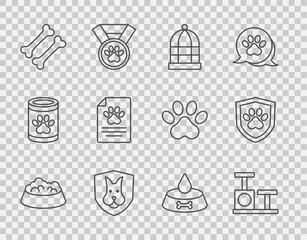 Set line Pet food bowl for cat or dog, Cat scratching post with toy, Cage birds, Animal health insurance, Dog bone, Medical clinical record pet, and icon. Vector